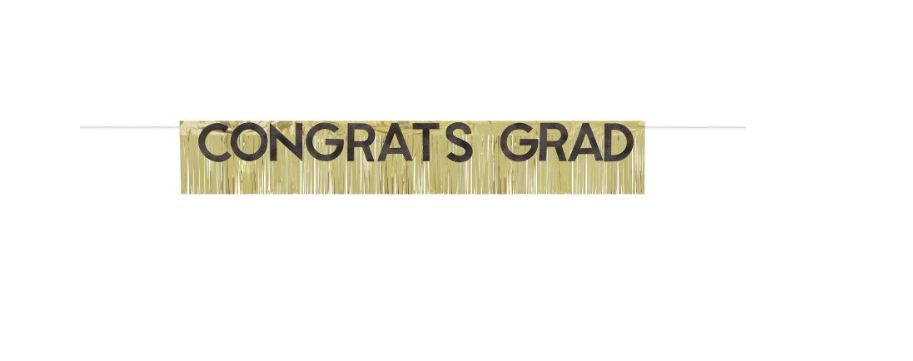 Gold Foil Glitter Fringe "Congrats Grad" Banner with Cutout Black Glitter Letters 6 ft