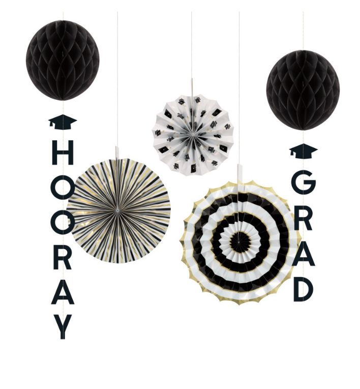 Honeycomb Tissue Ball and Fan "Hooray Grad" Decor Kit 5pc