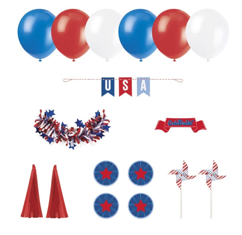 Patriotic USA Parade Decorating Kit with Pinwheels Garland Latex Balloons and more 17pc