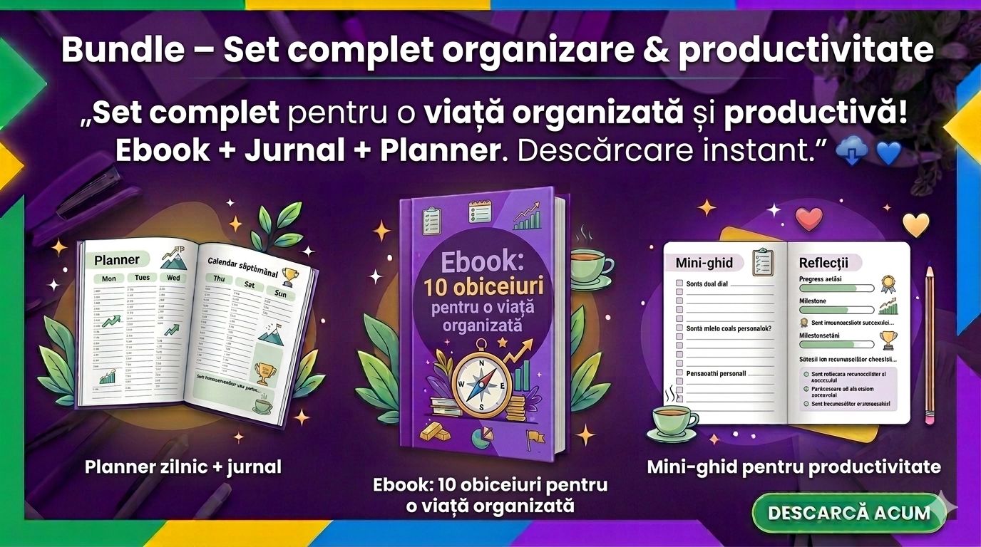 🔥 Set complet organizare &amp; productivitate Include: 📘 10 Obiceiuri pentru o viață organizată 📖 Jurnalul recunoștinței 📅 Planificatorul succesului