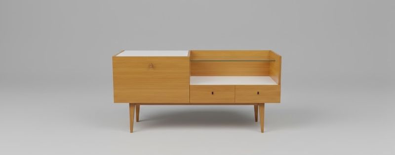 Mini Sideboard, sideboard in light wood, combined with a fresh element and an elegant glass top.