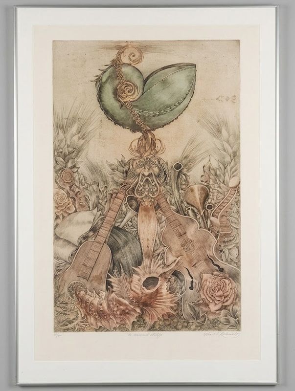 Lithograph Oldrich Kulhanek "Hudební zátiší" (Musical still life) from 1989