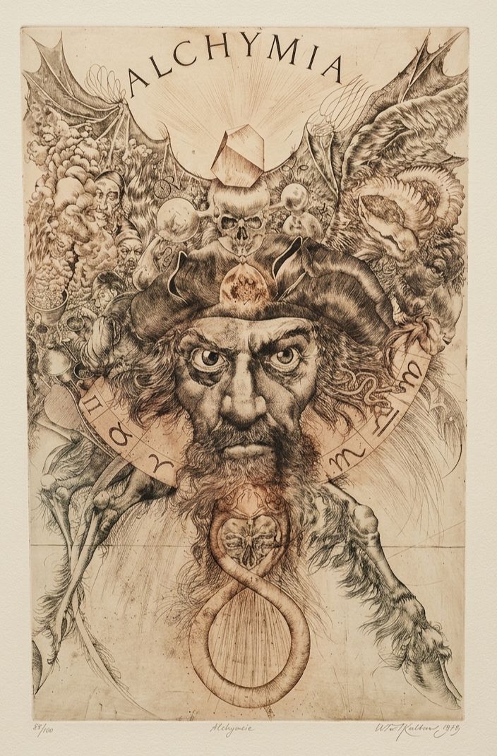 Lithograph "Alchymia" (Alchemy) 1989 by the renowned Czech artist Oldřich Kulhánek (1940–2013)