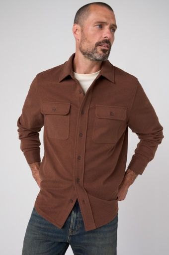men's knit button up shirt  flap pkts, Colour: chocolate sauce, Size: M