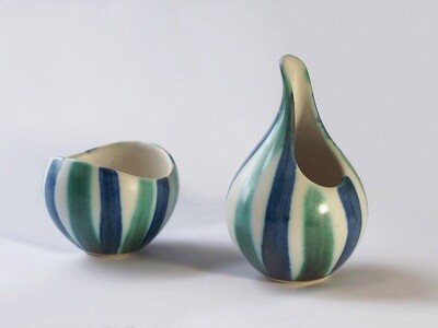Vintage Creamer and Sugar Bowl Decorated with Blue Green Stripes