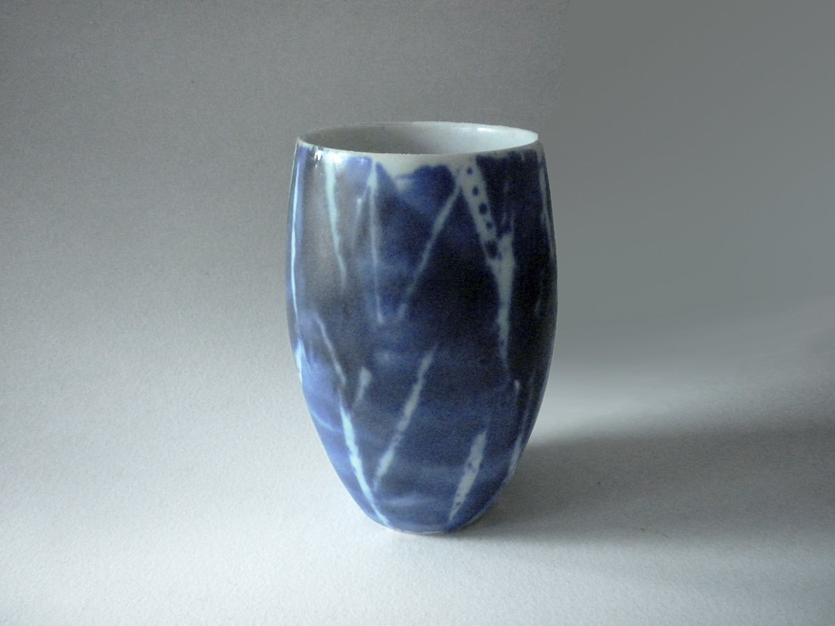 Stoneware Tumbler in Blue with White Brushwork, Hand Made in America