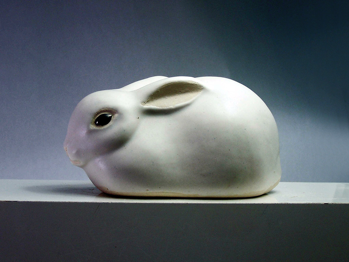 Stoneware white Rabbit with Ears Back, Hand Made in America