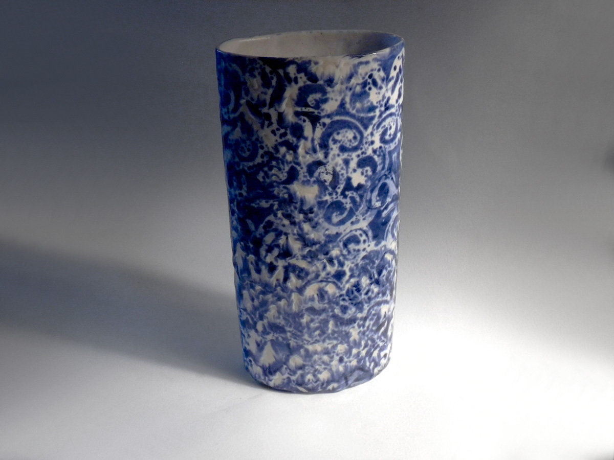 Stoneware Cylinder Vase with Textured Blue Spiral Pattern by Mackenzie Andersen, Hand Made in America