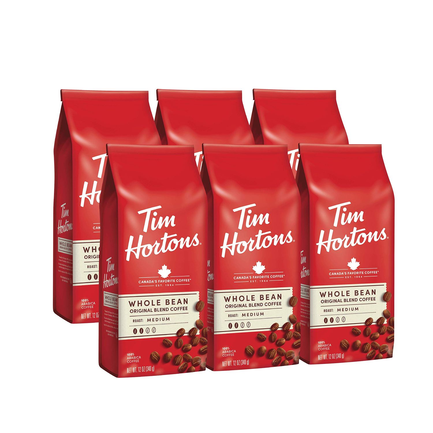 Tim Hortons Whole Bean Original, Medium Roast Coffee, Made with 100% Arabica Beans, 12 Ounce Bag, 6…