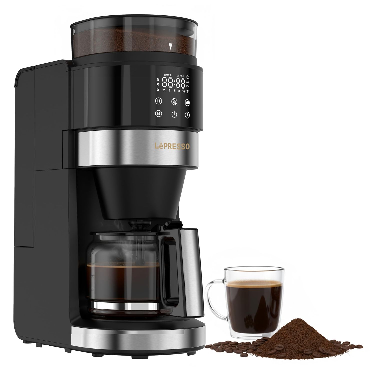 LePresso Coffee Maker with Built-in Burr Grinder, 1.35L Water Tank, Reusable Filter &amp; Warming Plate…