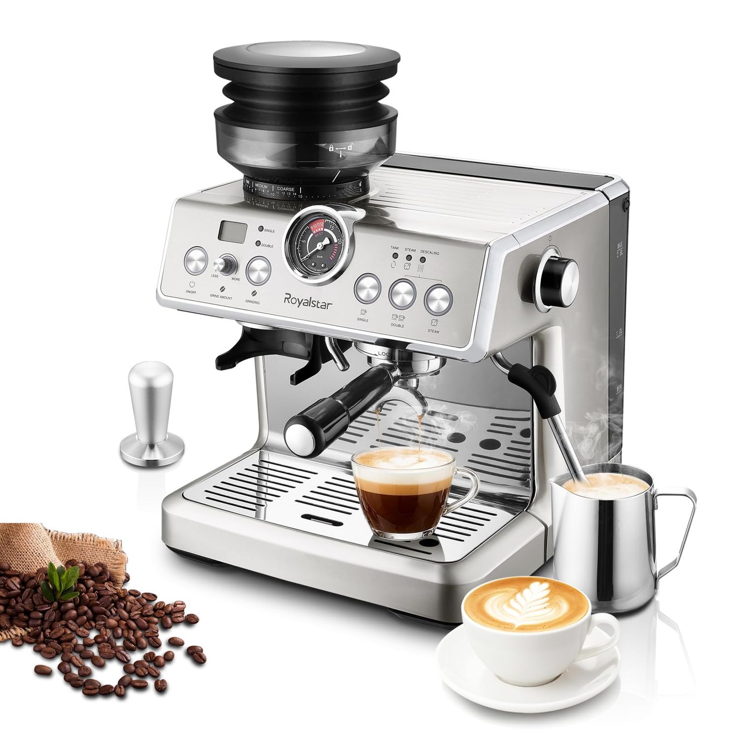 ROYALSTAR 20-Bar Semi-Automatic Coffee Machine with Grinder Setting and Milk Frother, Stainless Ste…