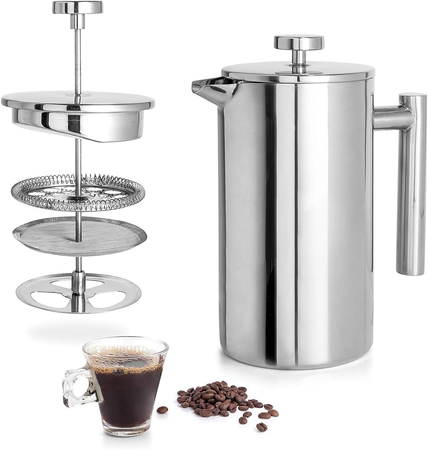 1000ml French Press Coffee Maker | Double Wall Stainless Steel | 4-Level Filtration | 8 Cups | Heat…