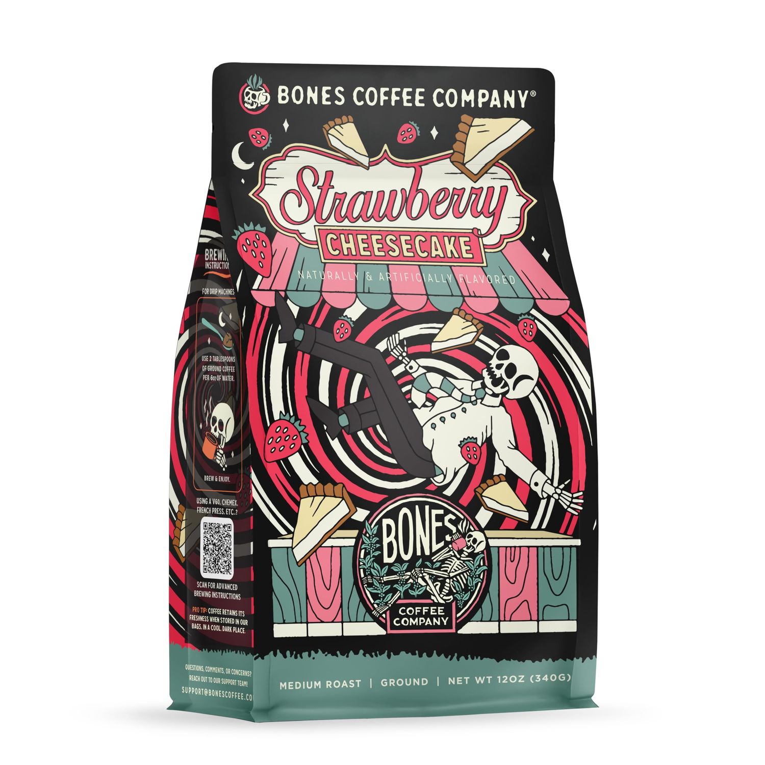 Bones Coffee Company Strawberry Cheesecake Flavored Coffee, Medium Roast Low Acid Arabica Beans Com…
