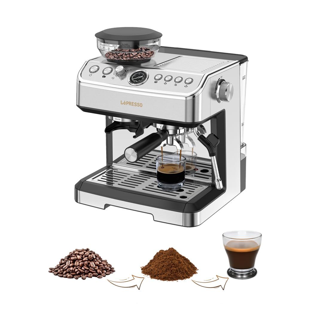 LePresso Espresso Machine with Built-in Coffee Grinder,Dual Boiler Machine, Milk Frother Steam Wand…