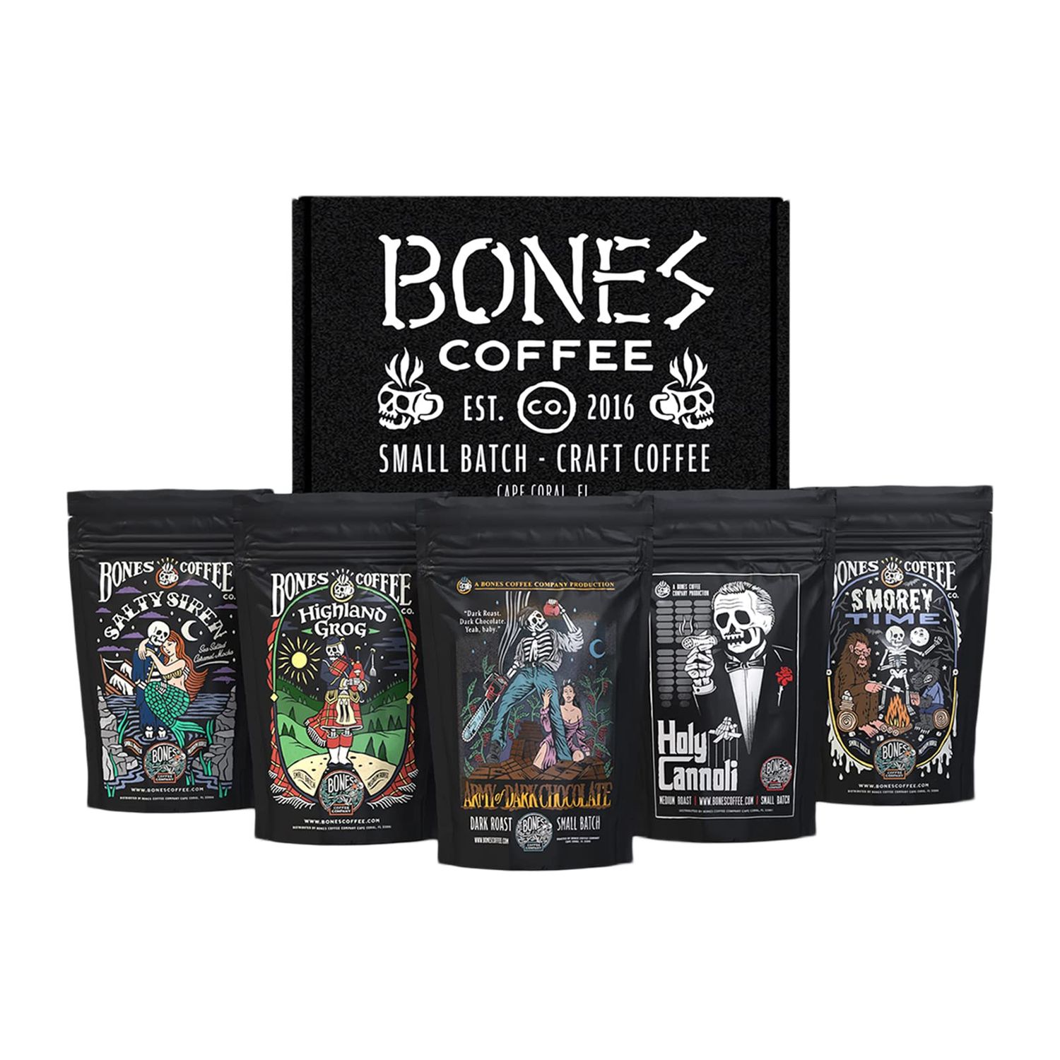 Bones Coffee Company NEW Flavors! Favorite Flavors Sample Pack | Pack of 5 Assorted Ground Coffee B…