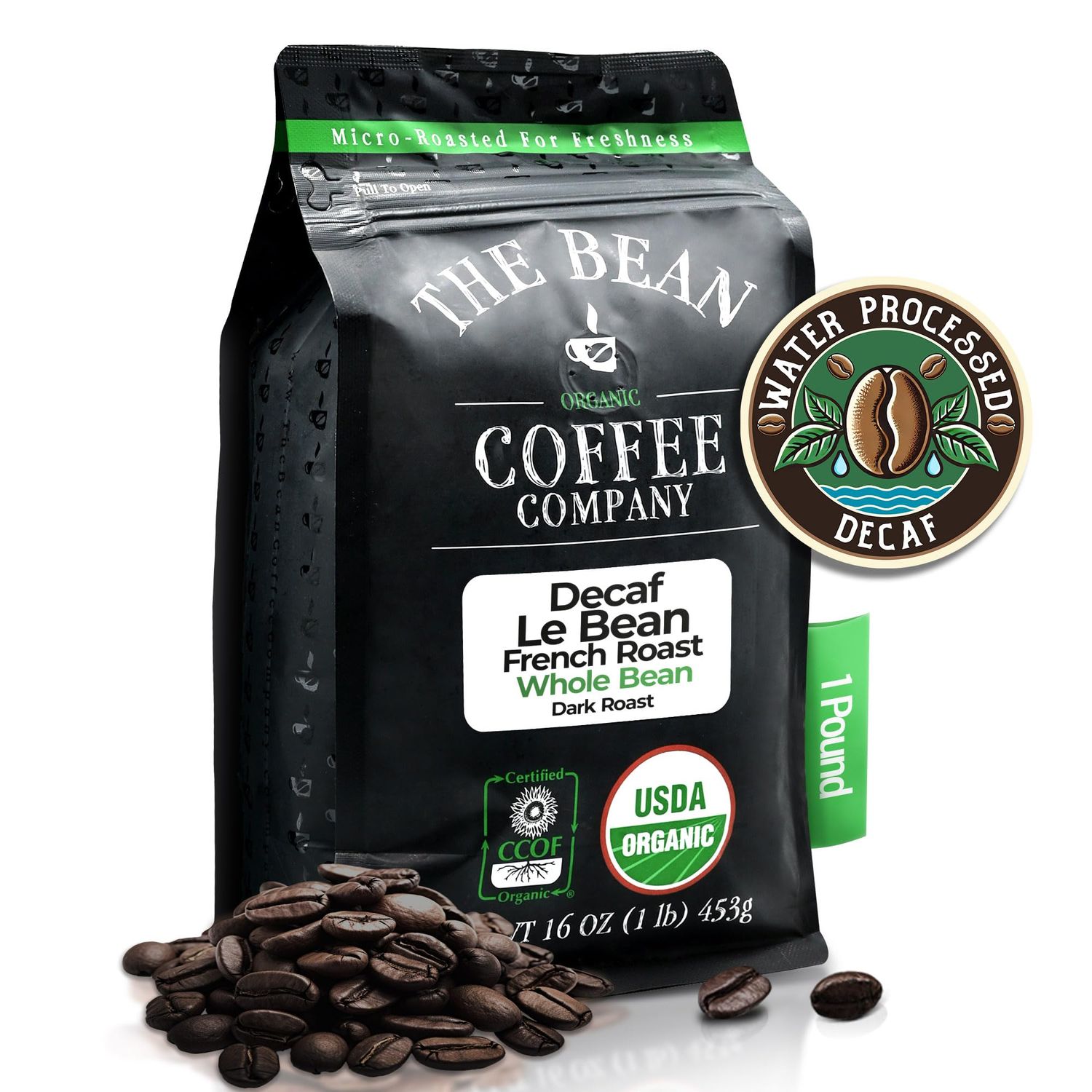 The Bean Coffee Company Organic Decaf Le Bean, Dark French Roast, Whole Bean, 16-Ounce Bag