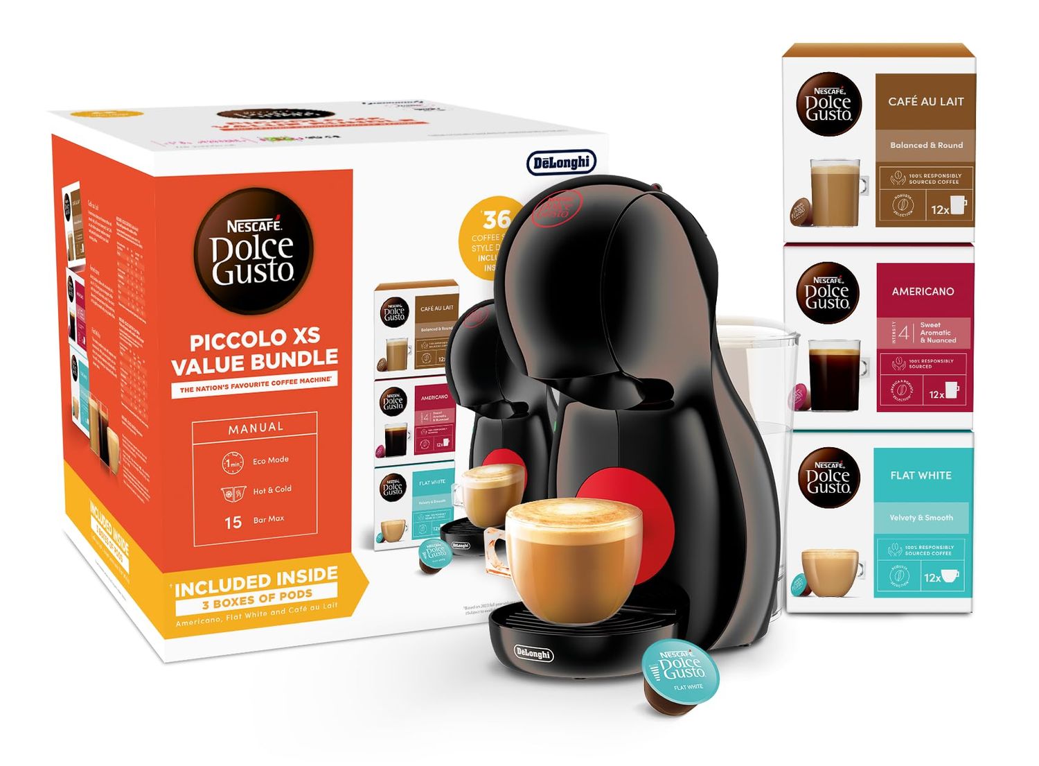 NESCAFÉ Dolce Gusto EDG210.B Piccolo XS Black Manual Coffee Machine by DeLonghi - Value Pack