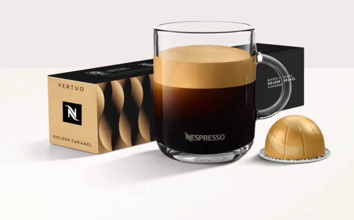 Nespresso Barista Creations VertuoLine GOLDEN CARAMEL Flavoured Roasted Ground Coffee Capsules, 10 …
