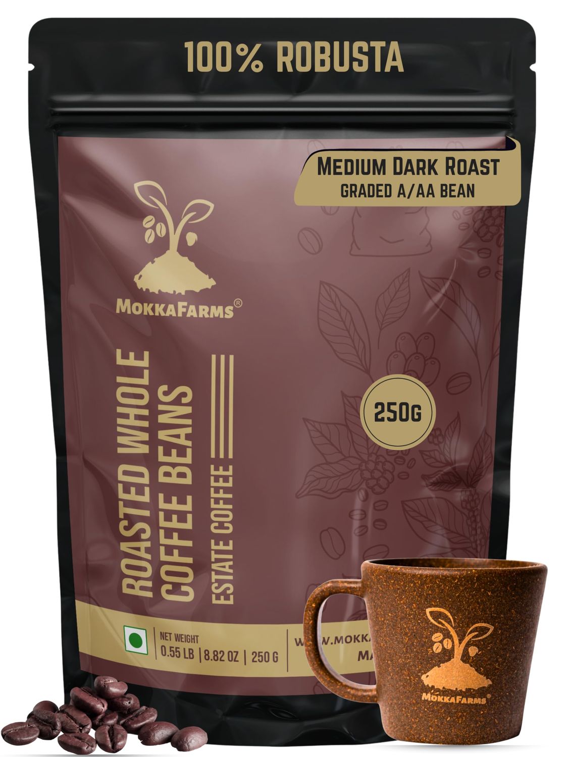 MokkaFarms Roasted Whole Coffee Beans 250g - 100% Robusta, Medium-Dark Roast, Fresh Estate Coffee, …