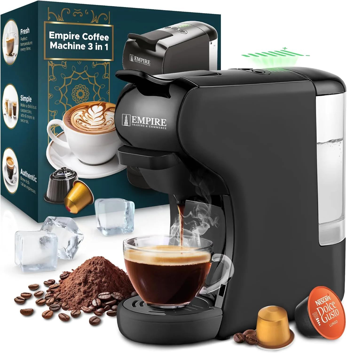 Empire Coffee Machine - 1450W Powerful Pod Coffee Machine with 600ML Detachable Water Tank - Coffee…