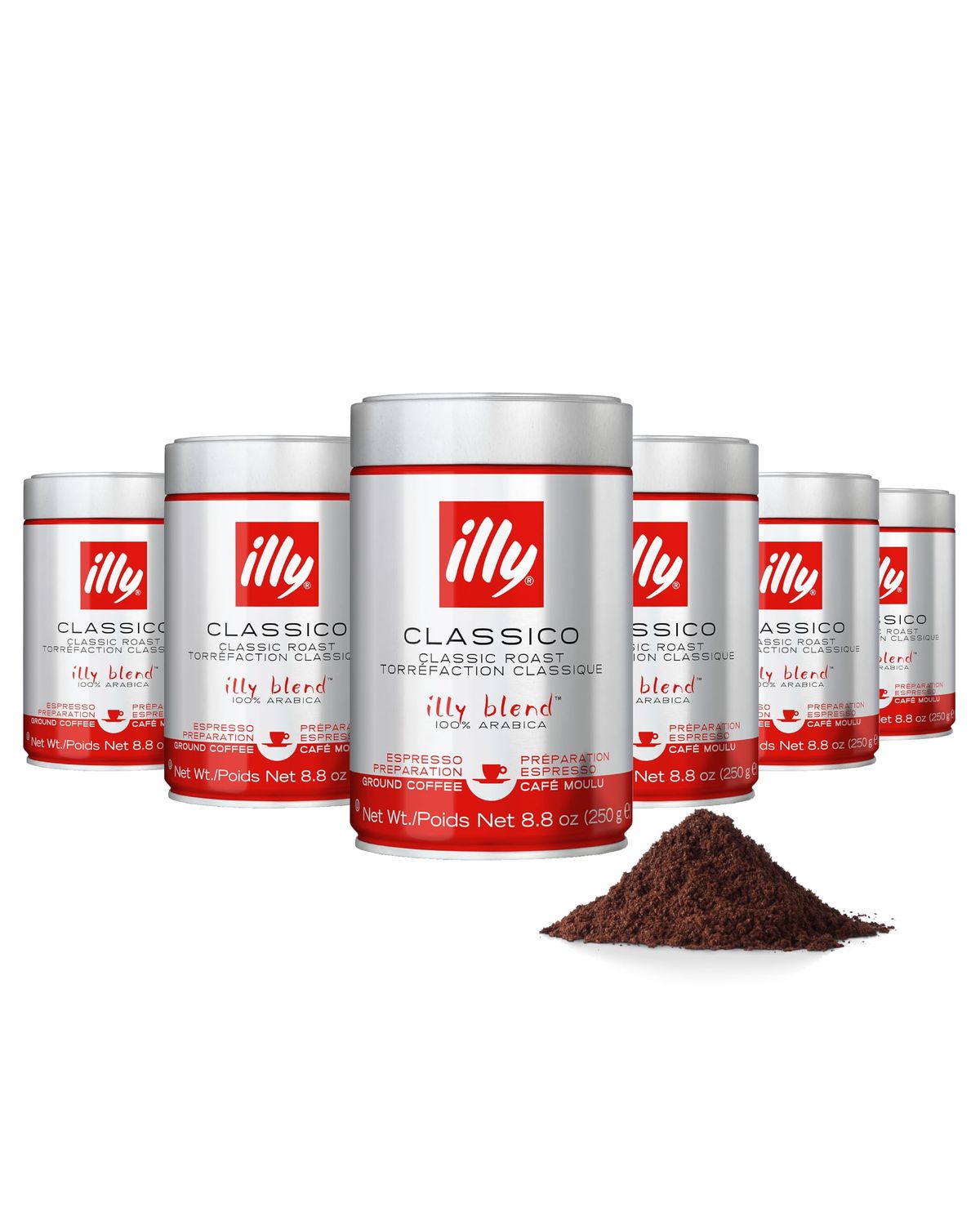 Illy Arabica Coffee Blend Medium Roast Classico Ground Espresso (8.8oz Can)- Pack of 6