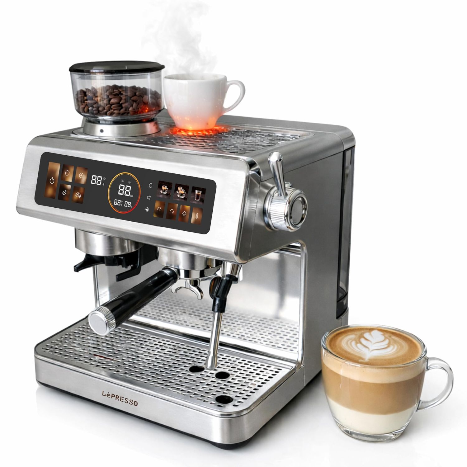 LePresso Semi-Automatic Coffee Machine with Milk Frother &amp; Grinder, Dual Boiler Espresso Maker, Cup…
