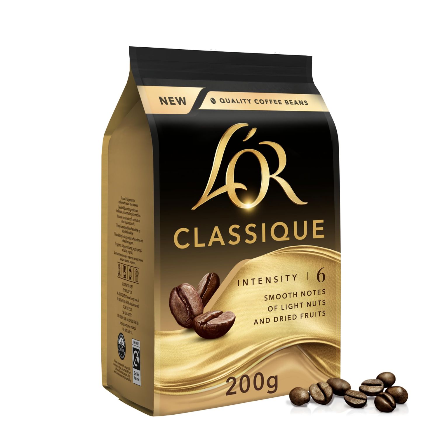L'OR - Coffee Beans - Crema Classique - Intensity 6 - Whole Coffee Beans 200g (Pack of 1)