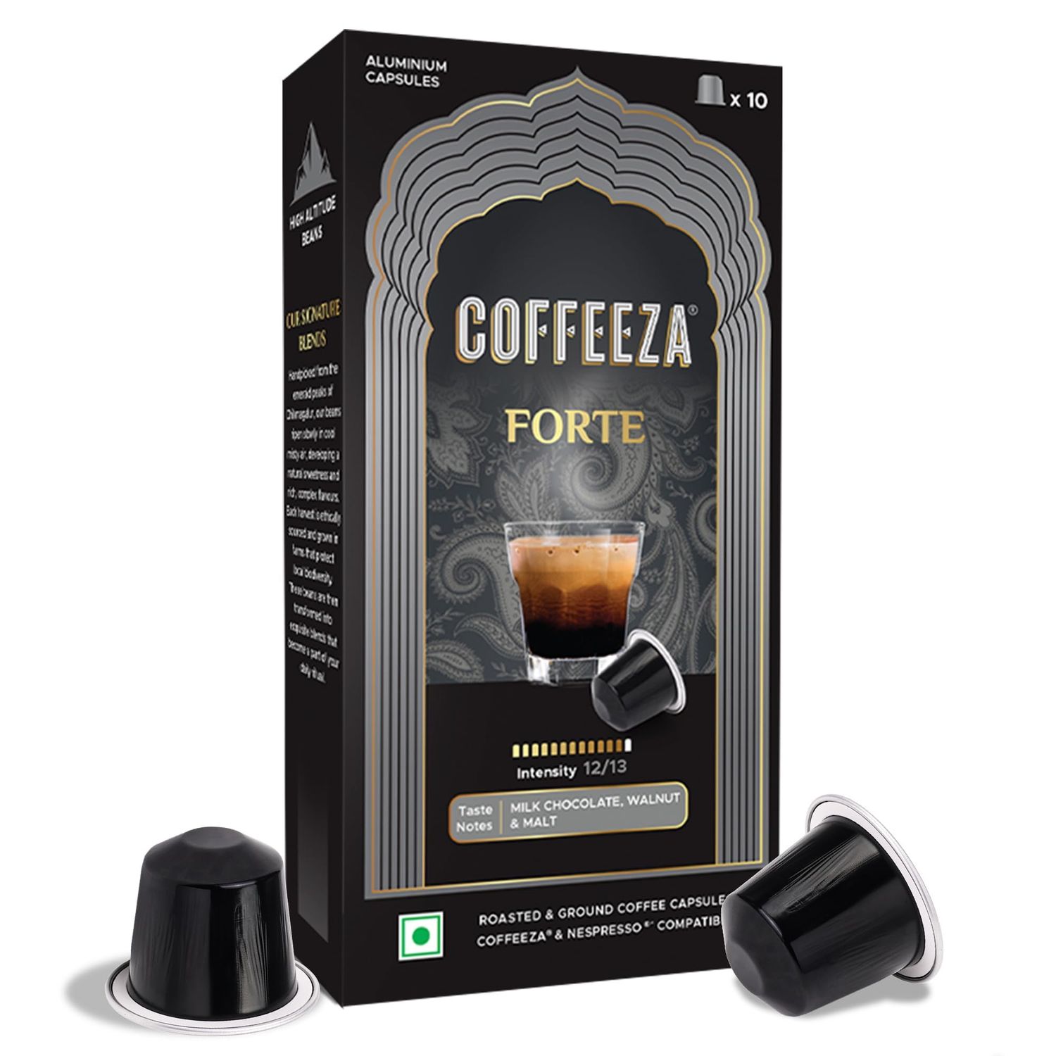 COFFEEZA Forte Aluminium Capsules, Intensity 12/10 Nespresso Compatible Pods (Box Of 10)