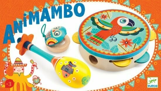 Animambo Tambourine, Maraca, Castanet Musical Instrument Set,