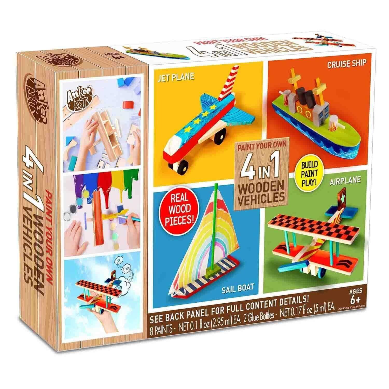 Paint Your Own 4 in 1 Wooden Vehicles Craft Kit for kids | Makes 4 Vehicles