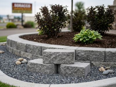 Curved Manorstone block wall retaining a mulched planter bed at the Soracco yard, with a stepped block display on grey rock.