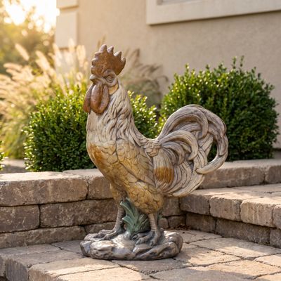 Cast concrete rooster statue on a paver landing beside a stacked stone wall with clipped boxwood behind.