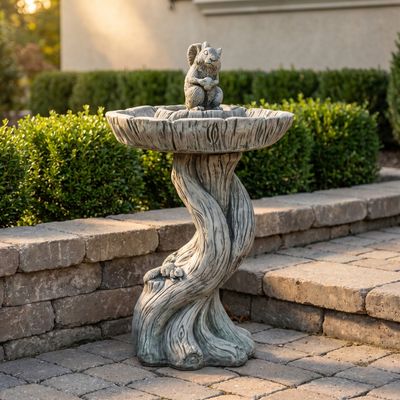 Concrete squirrel bird bath on a woodgrain pedestal, set on pavers beside a stacked stone wall.