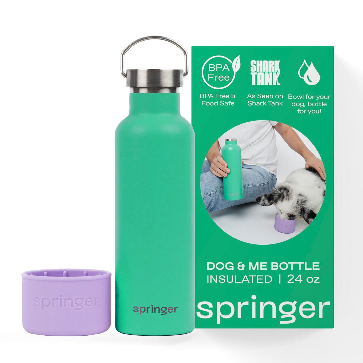 Springer Dog and Me 24oz Stainless Steel Insulated Water Bottle - Cold for 12+ Hours – Portable Dog Water Bottle with Integrated Travel Water Bowl for Dogs, Portable Dog Water Bottle – Lilac/Green