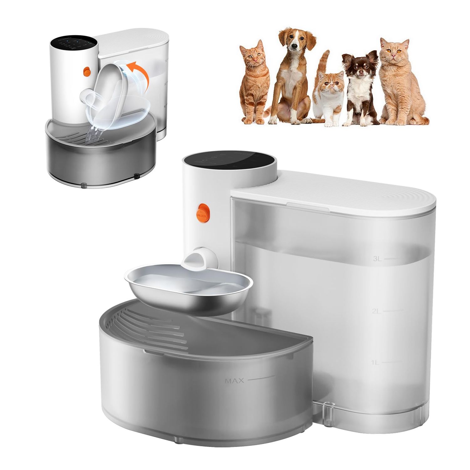 Petgravity Smart Pet Water Fountain - Stainless Steel Bowl, 2026 Upgraded Automatic Water Dispenser for Cats &amp; Small Dogs, Self-Refill Tipping Wastewater Separation, 3.5L/118.4oz