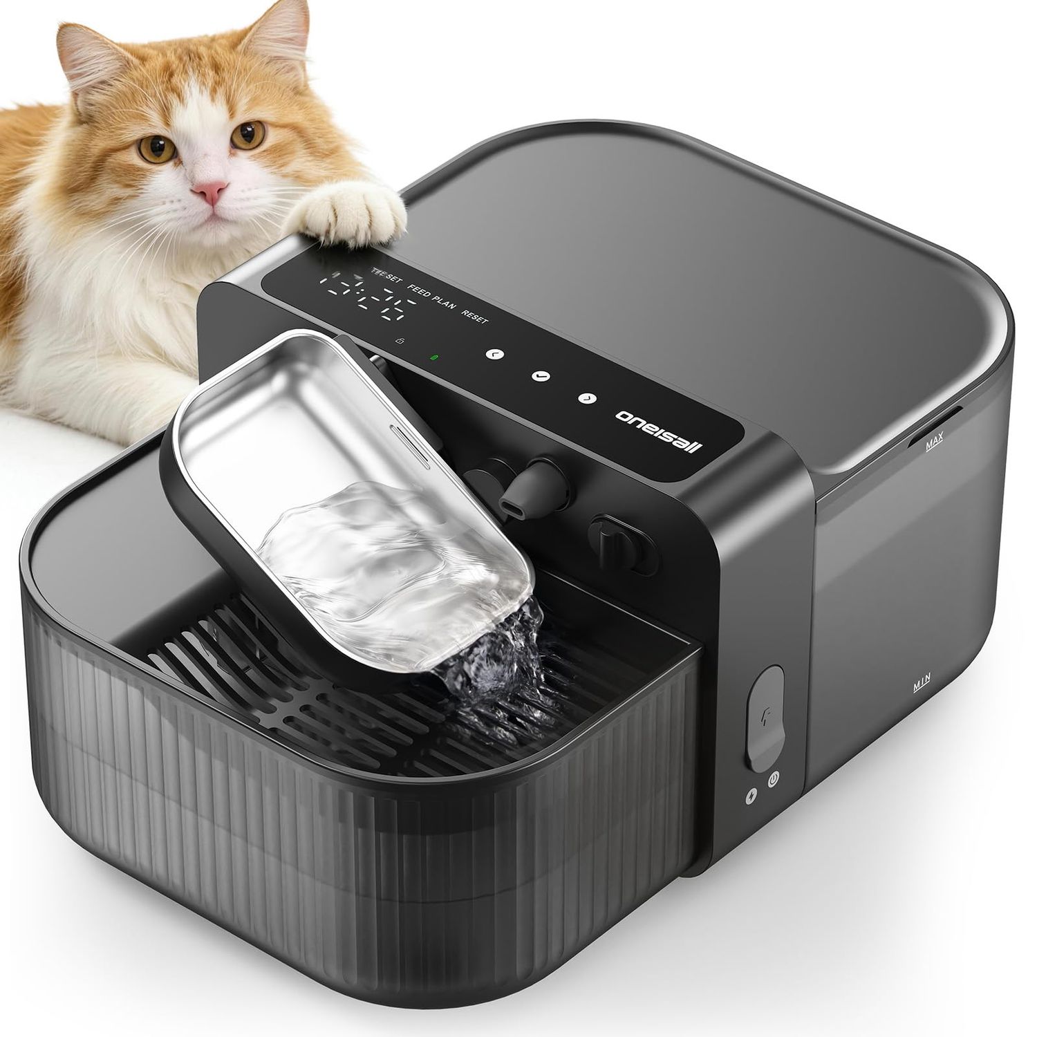 oneisall Wireless Filterless Cat Water Fountain, Separate Clean and Dirty Water Pet Fountain with Stainless Steel Bowl, 3.5L/118oz Quiet No Filter Smart FreshFill Automatic Cat Water Dispenser, Black