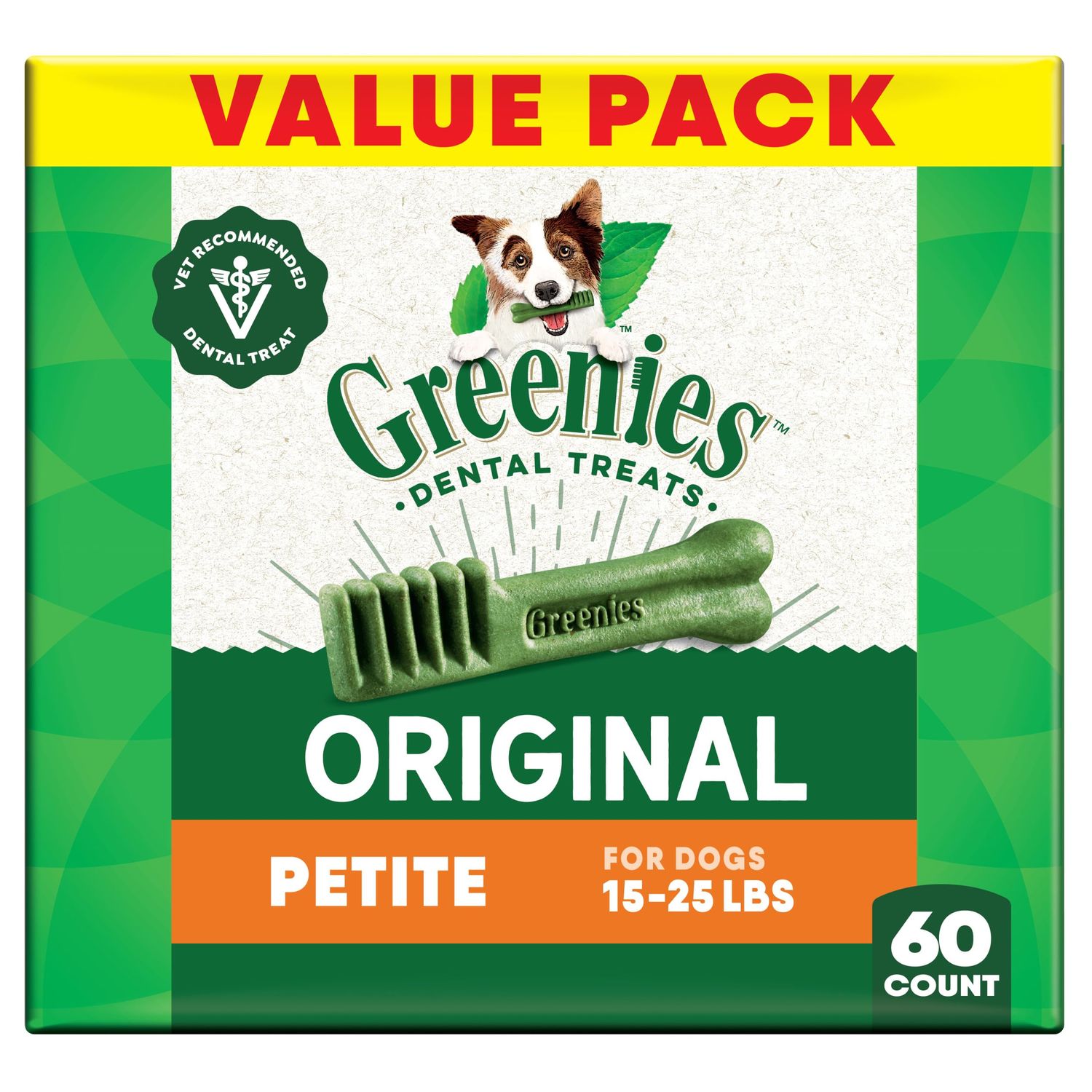 Greenies Veterinarian-Recommended Adult Natural Dental Dog Treats Petite Size, Dog Dental Chews, Original Flavor, 36 oz. Pack, 60 Count