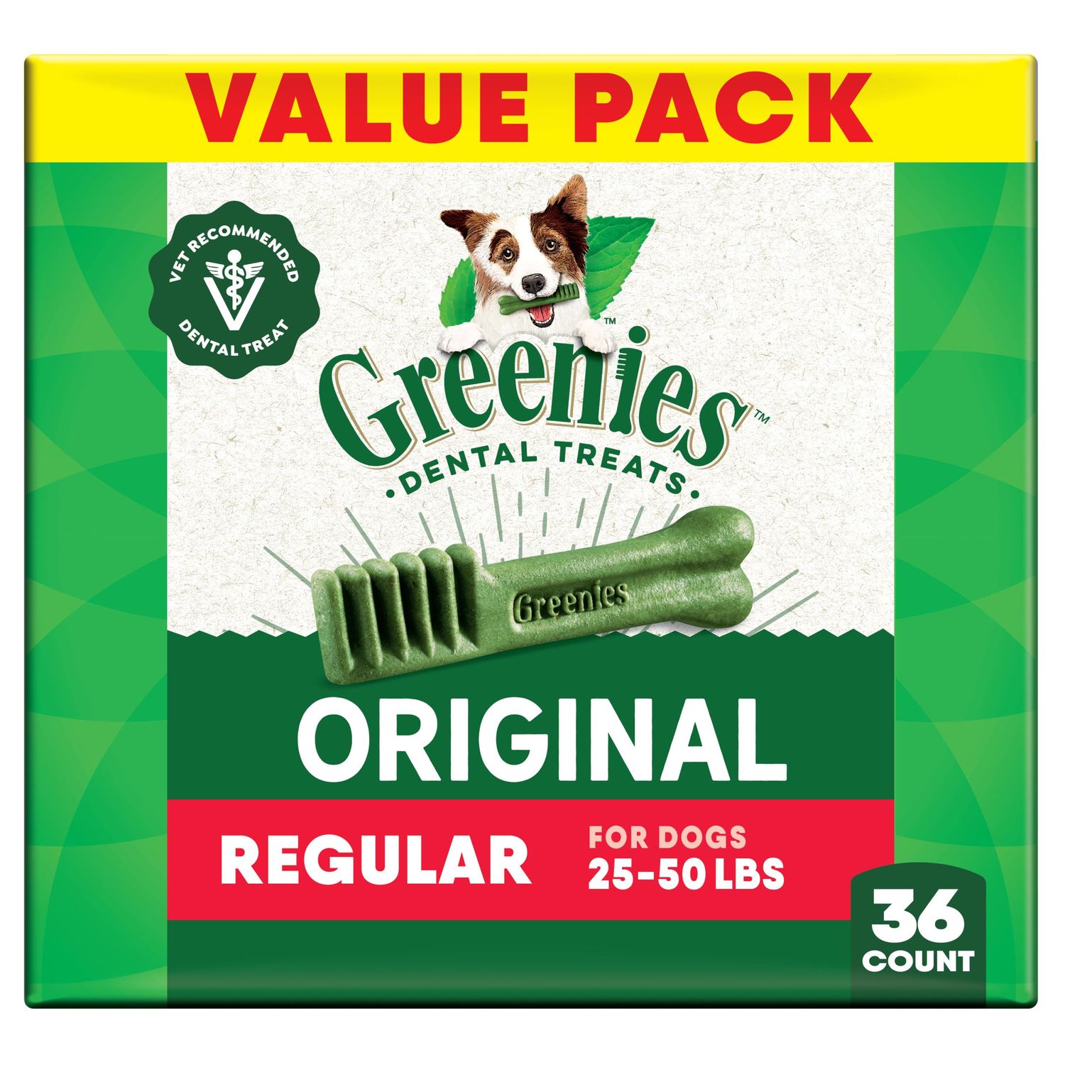 Greenies Veterinarian-Recommended Adult Natural Dental Dog Treats Regular Size, Dog Dental Chews, Original Flavor, 36 oz. Pack, 36 Count