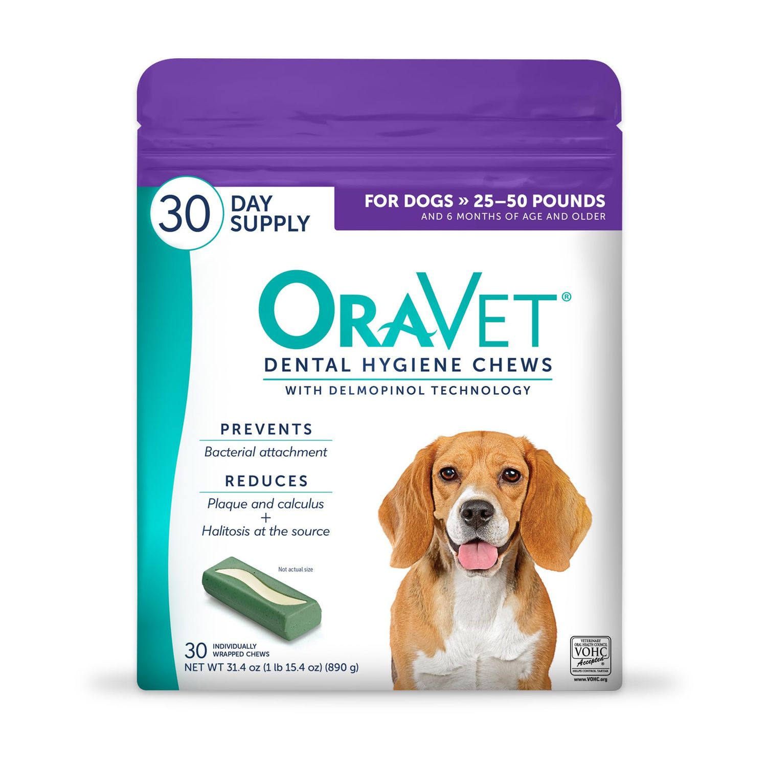 ORAVET Dental Chews for Dogs, Oral Care and Hygiene Chews (Medium Dogs, 25-50 lbs.) Purple Pouch, 30 Count