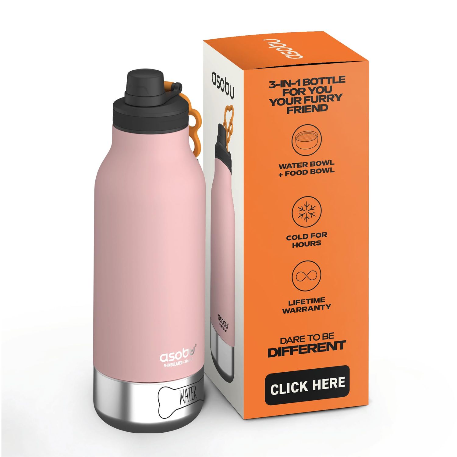 Asobu Dog Barky Bottle – Insulated Stainless Steel Water Bottle with 2 Removable Dog Bowls for Food, Treats &amp; Water – Pet-Friendly Travel Bottle for Hiking, Road Trips &amp; Outdoor Adventures