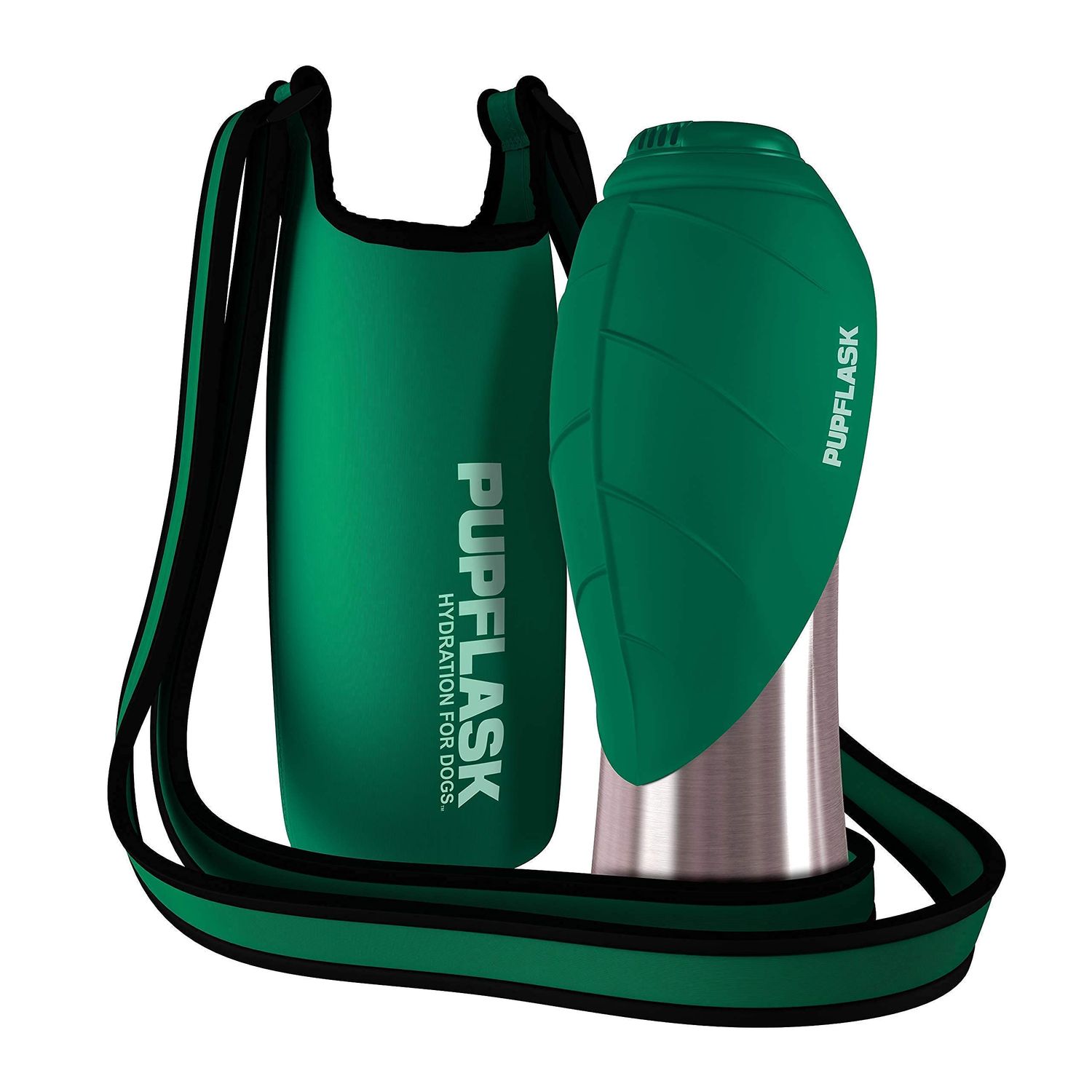Tuff Pupper Dog Water Bottle Holder and PupFlask Portable Water Bottle - 40oz, Green