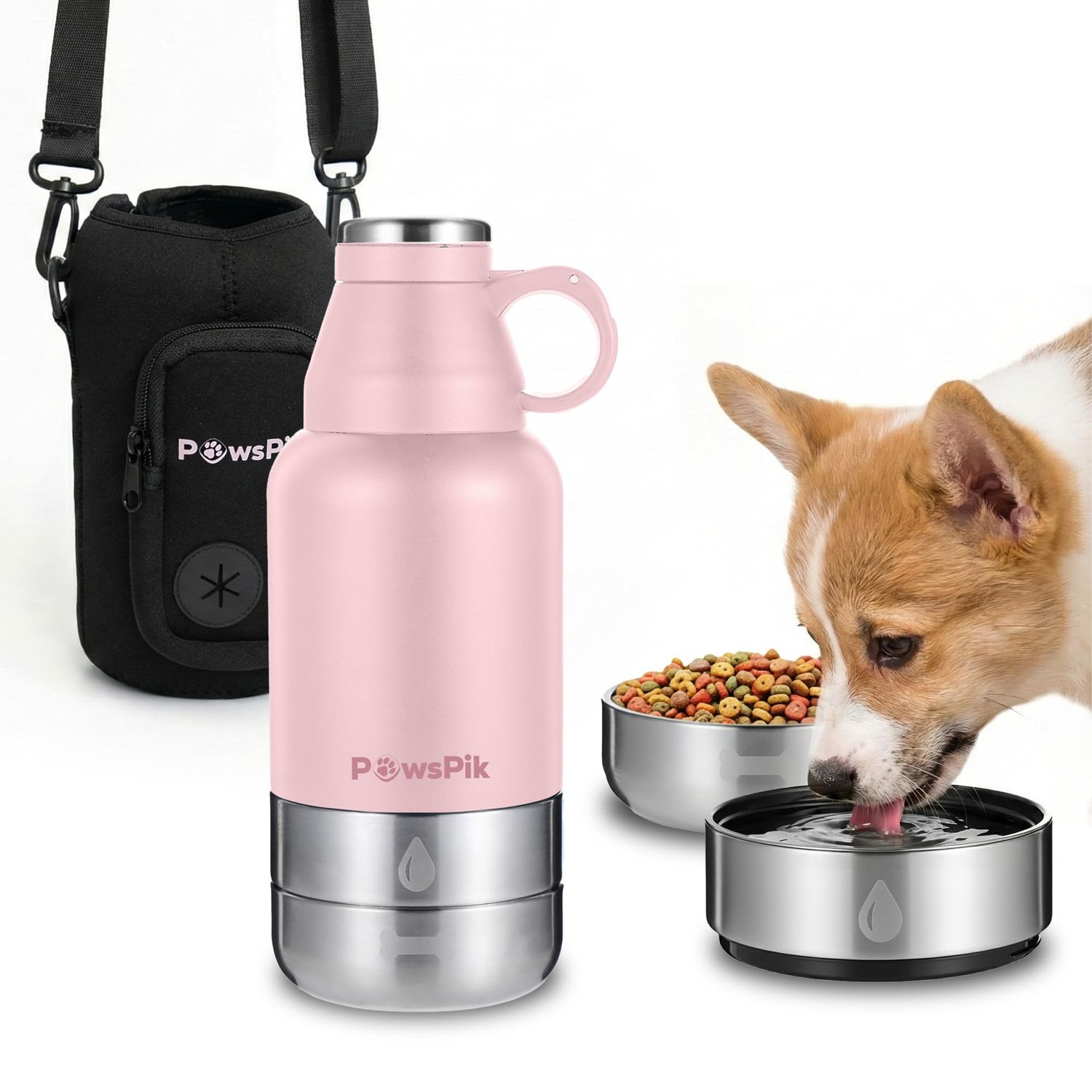 PawsPik 32oz 3-in-1 Travel Dog Water Bottle &amp; Bowl Set – Stainless Steel Vacuum-Insulated Bottle with Detachable Food &amp; Water Bowls, Leak-Proof, Keeps Water Cold 12hrs/Hot 6hrs (Cherry Blossom Pink)