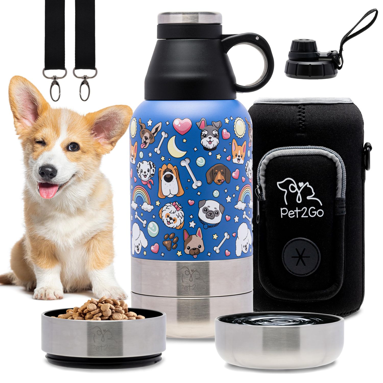 Dog Travel Water Bottle (32oz) with Treat Holder &amp; Detachable Bowls | Insulated, Portable Stainless Steel Water Dispenser for Pets | Dog Walking Accessory | Outdoor Doggie Beach Gear (Blue)