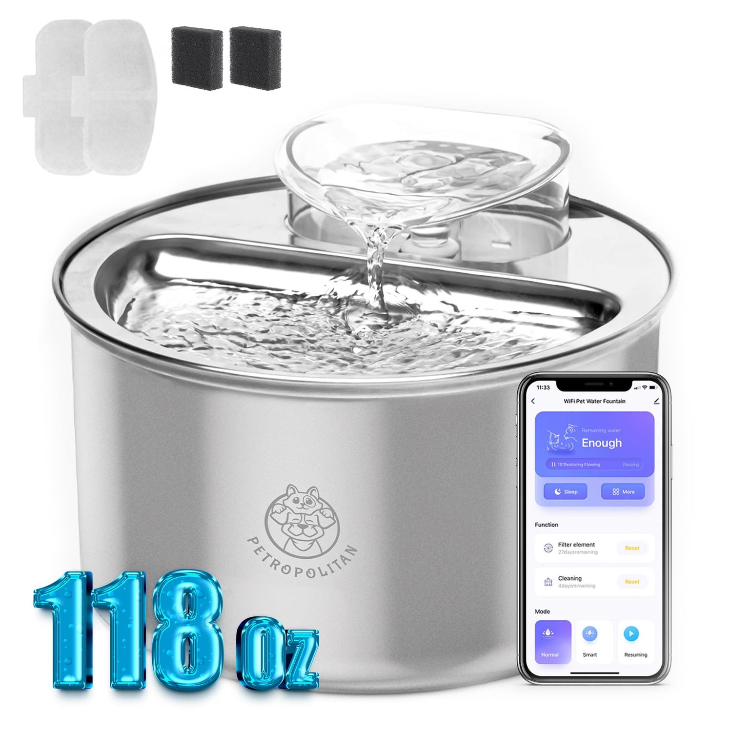 Smart Stainless Steel Cat Water Fountain – 3.5L/118oz Automatic Pet Water Dispenser for Cats &amp; Dogs, Wi-Fi App Control, Ultra-Quiet Pump, 2 Extra Filters, Indoor Cat Fountain for Drinking