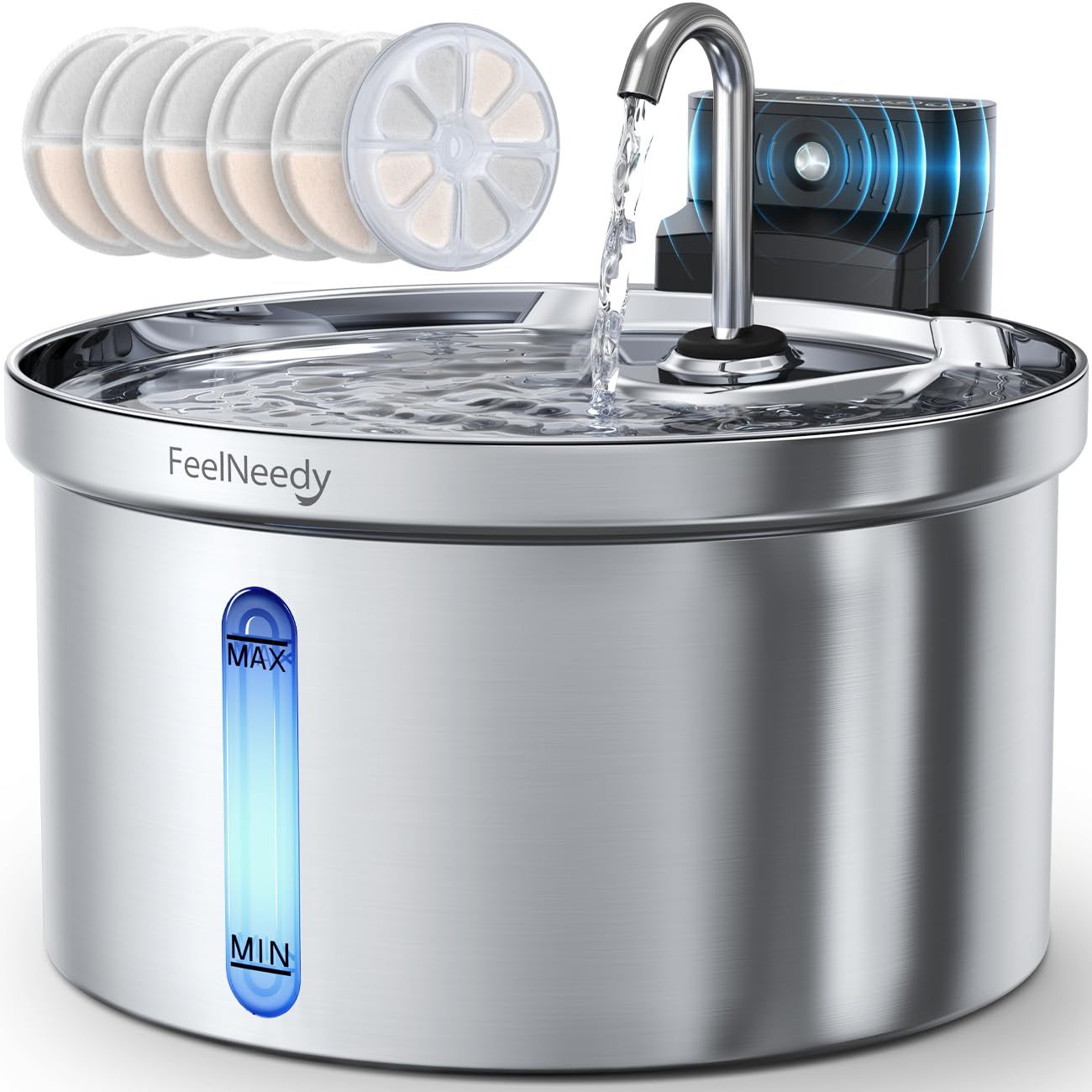 Wireless Cat Water Fountain Stainless Steel [Water &amp; Battery Separation] FEELNEEDY Smart Pet Water Fountain, 4000mAh Battery Operated Water Fountain for Cats Dogs 3.5L/118oz + 6 Filters