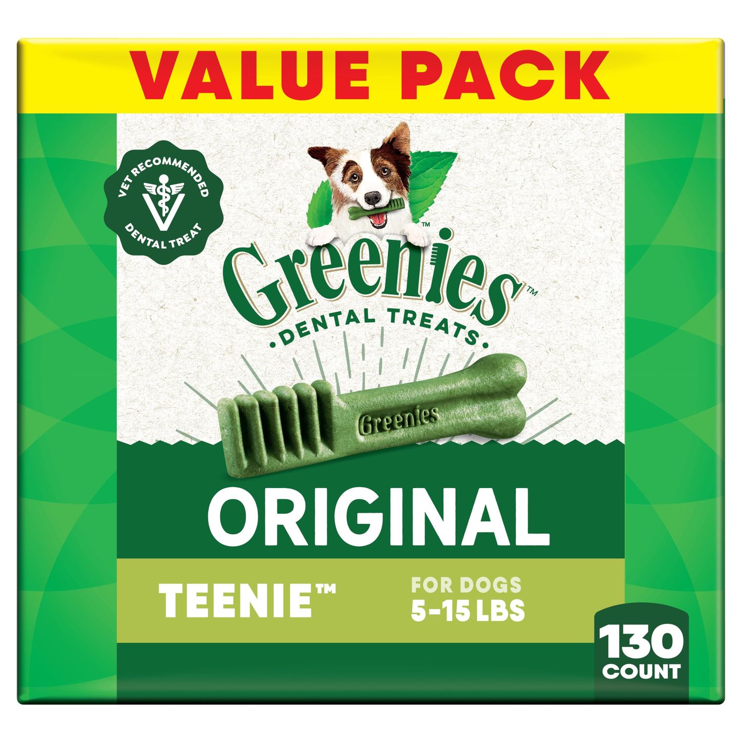 Greenies Veterinarian-Recommended Adult Natural Dental Dog Treats Teenie Size, Dog Dental Chews, Original Flavor, 36 oz. Pack, 130 Count