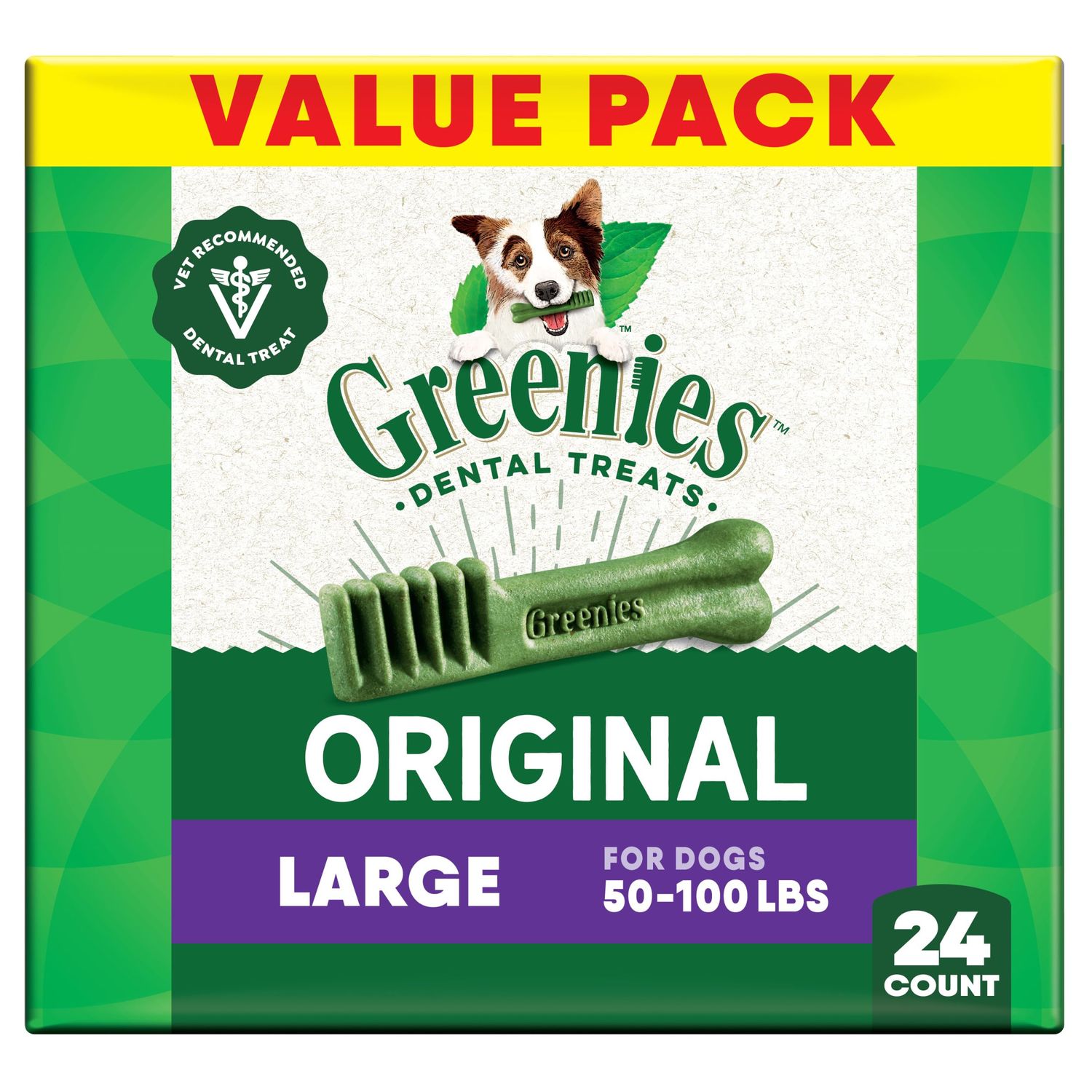 Greenies Veterinarian-Recommended Natural Dental Dog Treats, Large Size, Original Flavor, 36 oz. Pack, 24 Count
