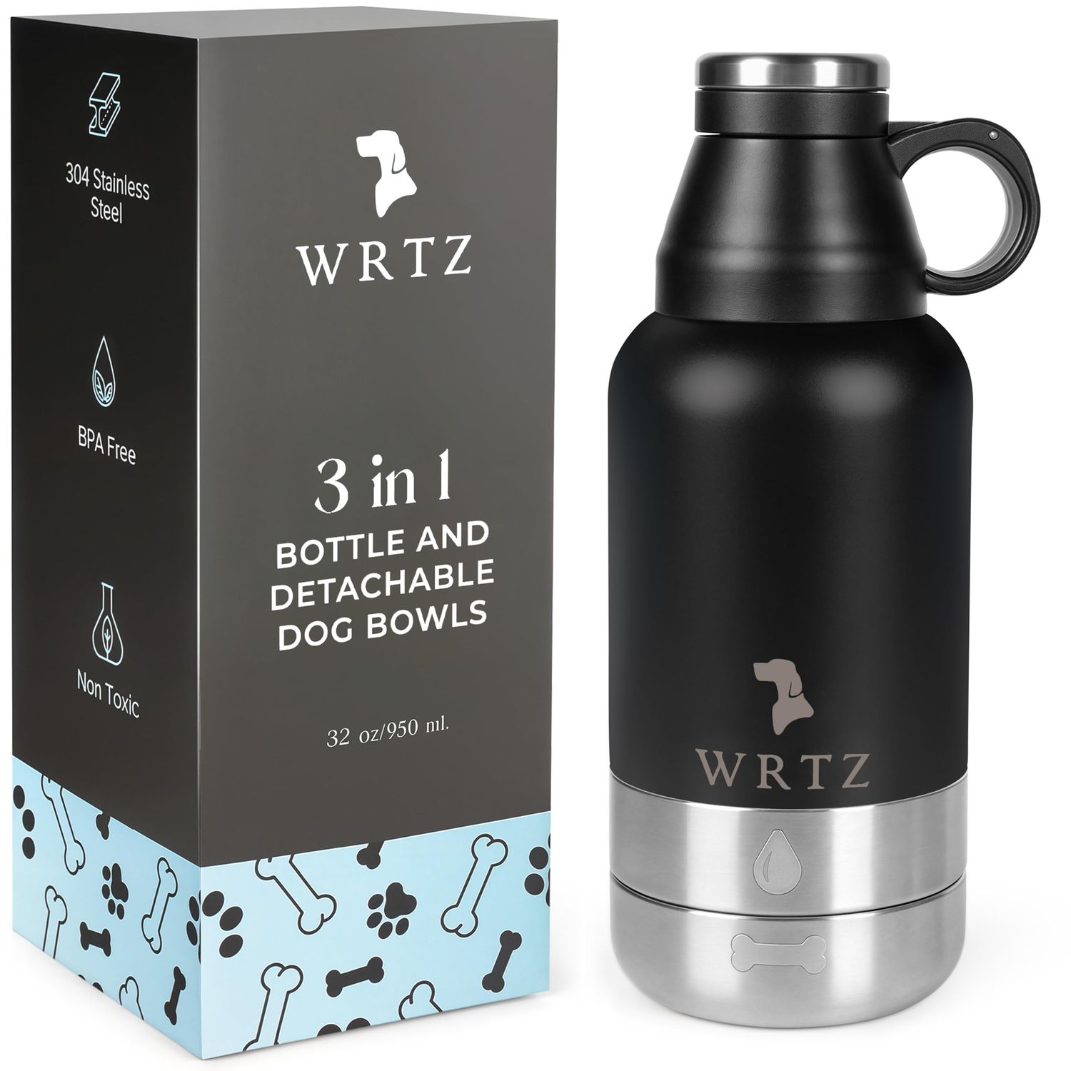 Portable Dog Water Bottle with 2 Removable Water Bowls for Dogs – Leak-Proof Insulated Stainless Steel Dog Water Bottle - Travel Accessories for Dogs - 32oz - Black