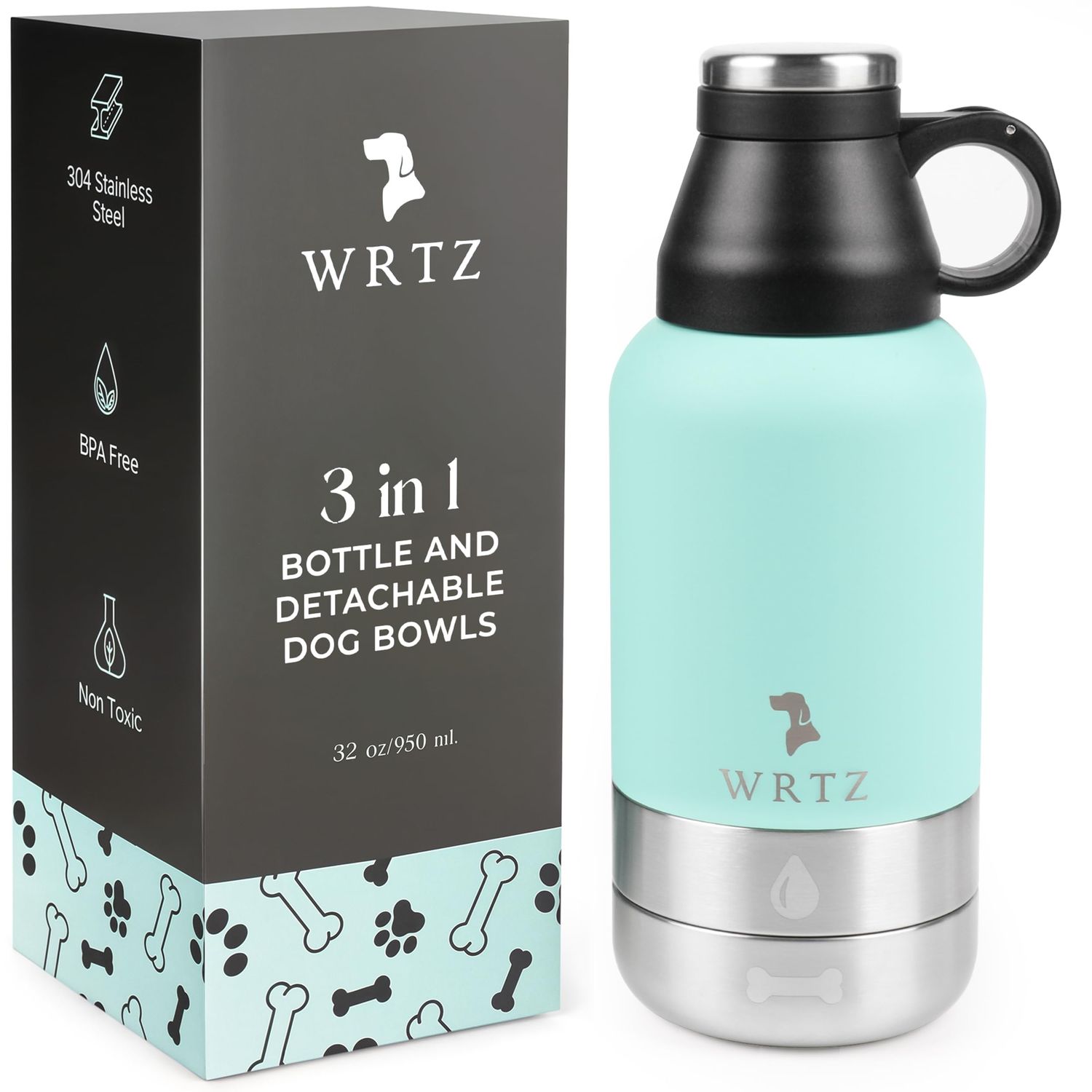 Portable Dog Water Bottle with 2 Removable Water Bowls for Dogs – Leak-Proof Insulated Stainless Steel Dog Water Bottle - Travel Accessories for Dogs - 32oz - Teal