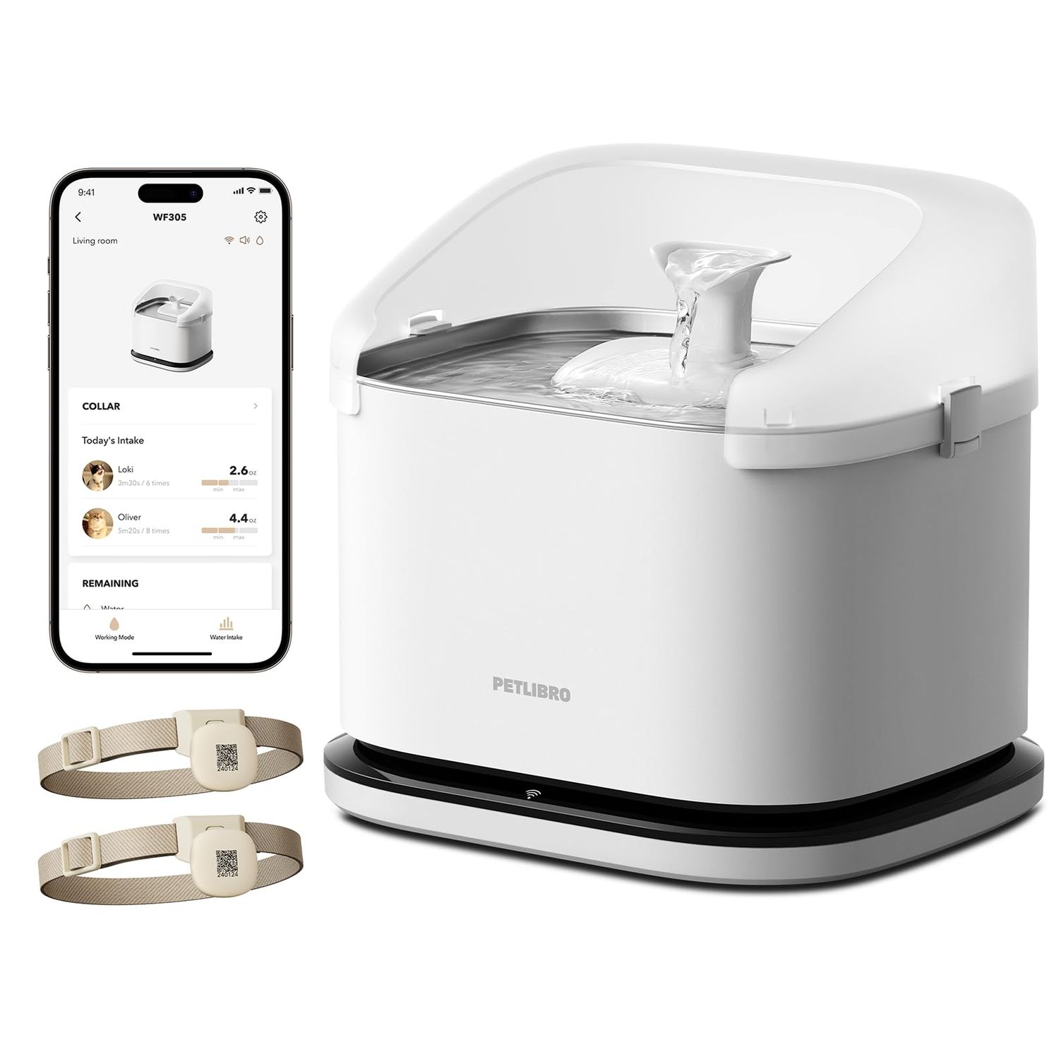 PETLIBRO Cats Water Fountain for Multi Cats, Cat Fountain with RFID Recognition Each Pet, 3L/101oz Pump-Free Cat Water Fountain Stainless Steel Tray, 2.4G Wi-Fi APP Pet Water Fountain x2 Collar Tags